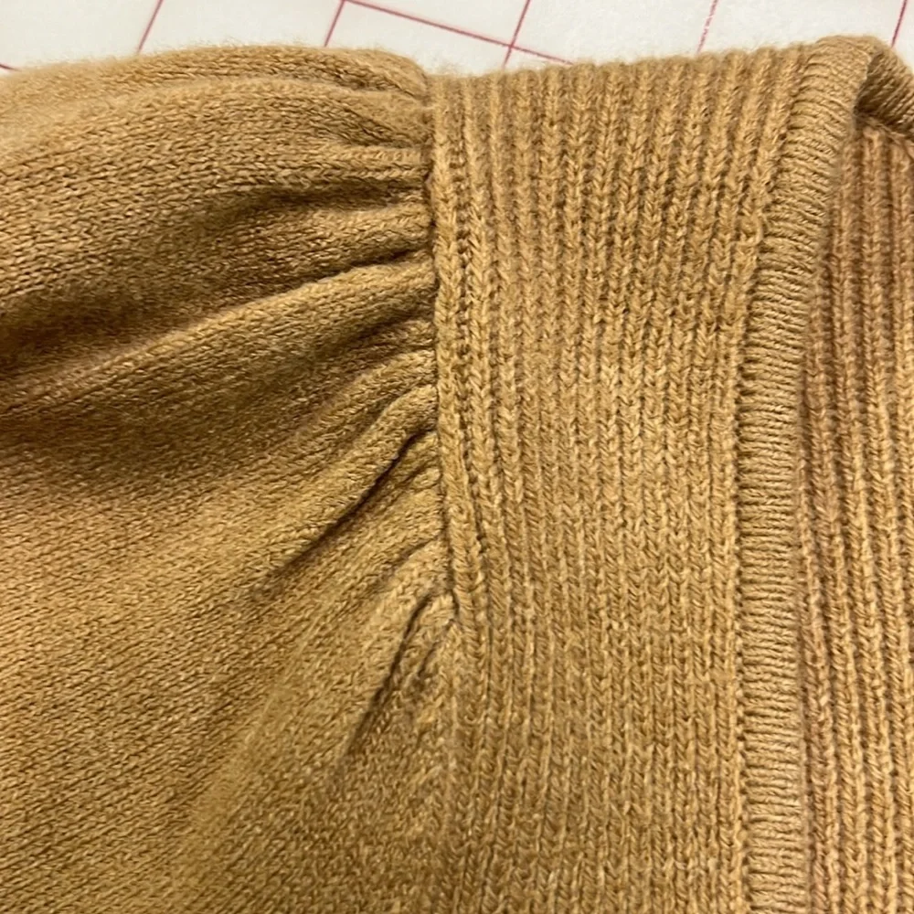 FRENCH CONNECTION NWT Milkmaid Boho Puff SLV SQ. Neck Mix Knit Camel Sweater L